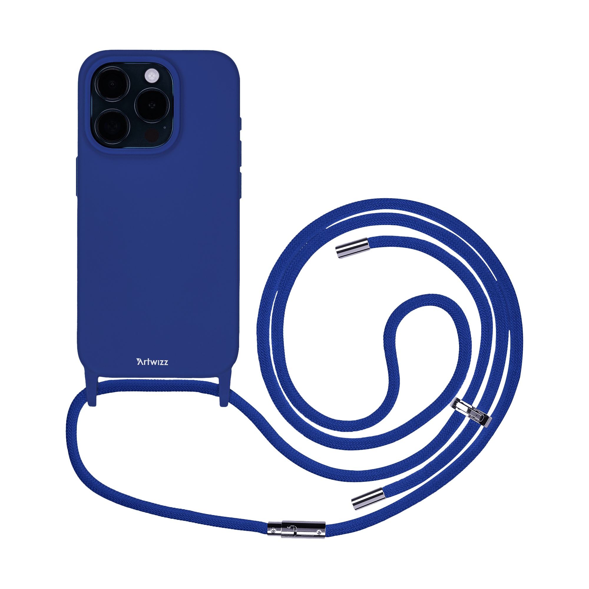 1_HangOn_Case_Silicone_iPhone_15_Pro_back_mit_Band Artwizz HangOn Case Silicone für iPhone 15 Pro, Dunkelblau, Rückseite mit Band, Frontansicht